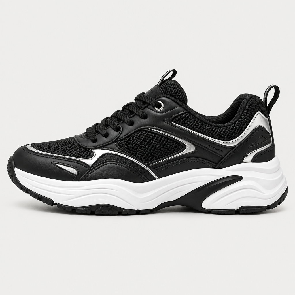 Black and white chunky trainer, outer side view