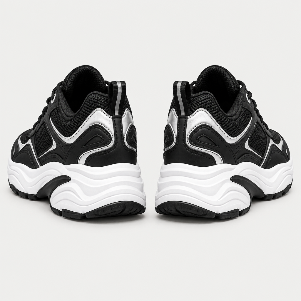 Black and white chunky trainers, rear heel view