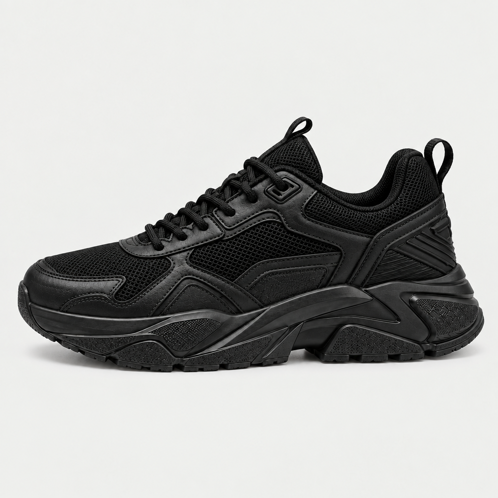 Black Kado Onyx chunky sneaker side view, toe facing left and heel right